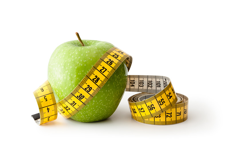 卷尺,苹果,厘米,健康食物,饮食,水平画幅,绿色,水果,无人,白色背景