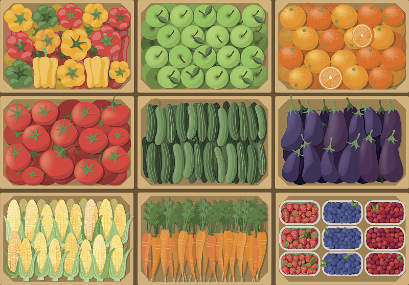 板条箱,蔬菜,农业市集,农产品市场,胡萝卜,素食,园艺,绘画插图,椒类食物,维生素