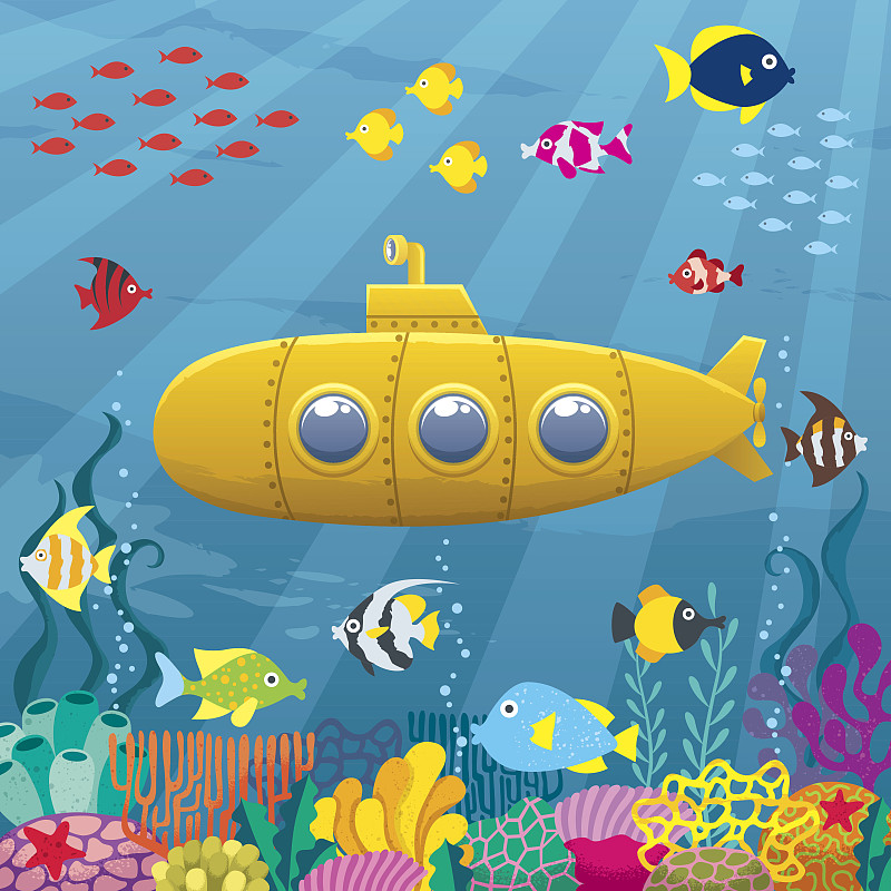潜水艇,背景,潜望镜,鱼群,海底,水生动植物,水下,大堡礁,鱼类,卡通