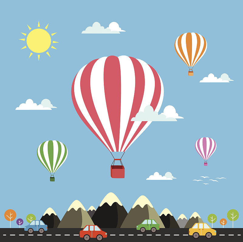 山,旅游目的地,热气球,机票,在上面,国际著名景点,天空,风,休闲活动,绘画插图