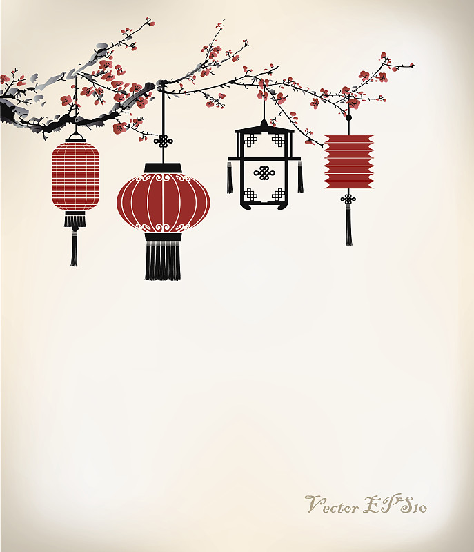 中国灯笼,悬挂的,樱桃树,灯笼,春节,中国元宵节,纸,纸灯笼,绘画插图,绘画作品
