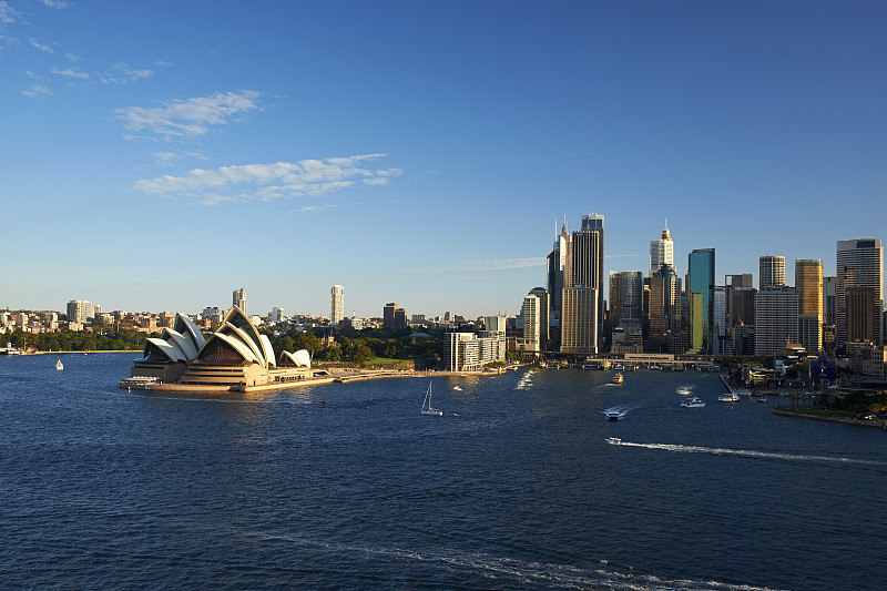悉尼港湾,城市天际线,悉尼歌剧院,歌剧院,圆形码头,悉尼港桥,渡轮,悉尼,水平画幅,高视角