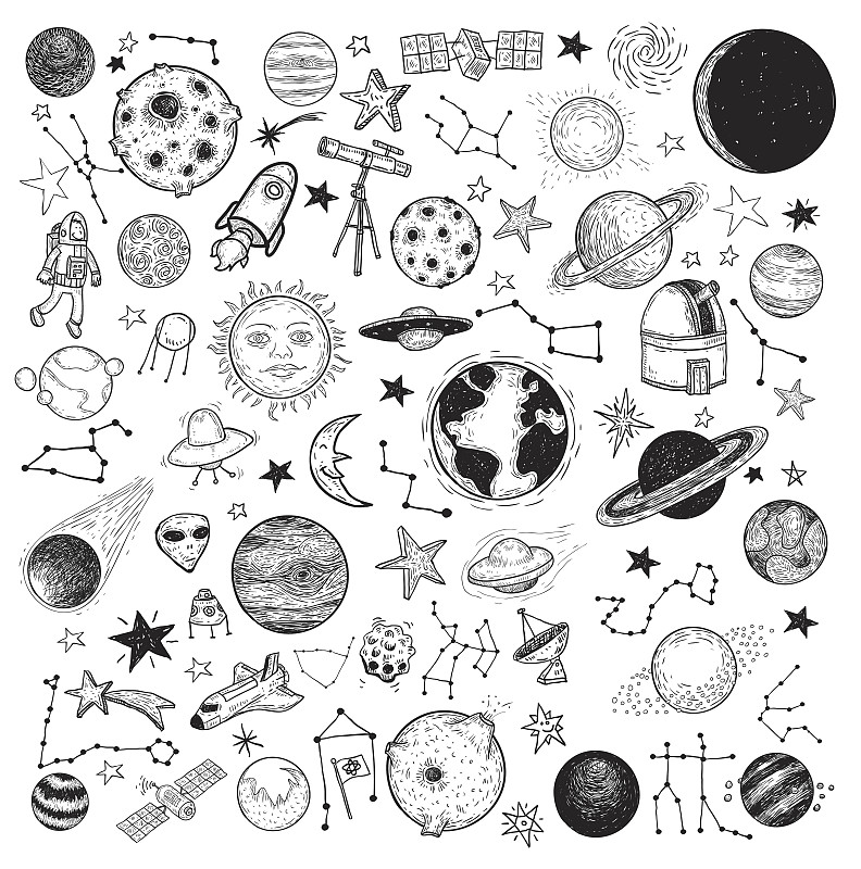 绘画插图,行星,矢量,动物手,图标,星系,纹理效果,月亮,太空船,标签