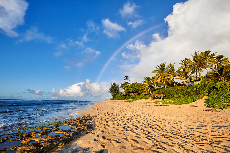 彩虹,落日海滩,瓦胡岛,夏威夷,在上面,水,天空,外米亚海湾,水平画幅,沙子