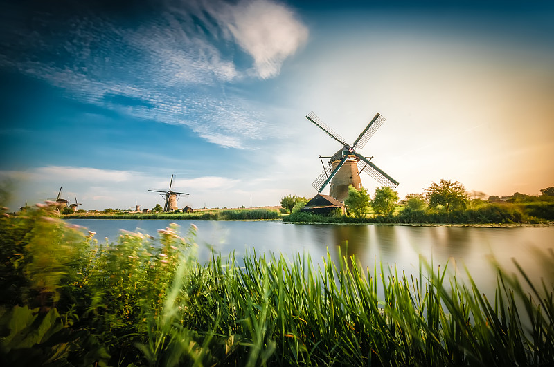 现代风车,鹿特丹,水,天空,水平画幅,无人,古老的,夏天,户外,湖
