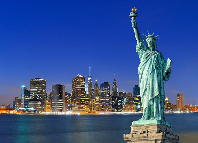 自由女神像,曼哈顿,夜晚,纽约,纽约州,雕像,城市天际线,东河,美国,天空