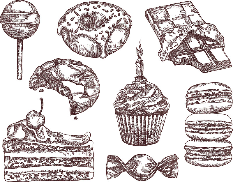 糖果,草图,绘画插图,动物手,一个物体,背景分离,蛋糕,食品,复古风格,多纳圈