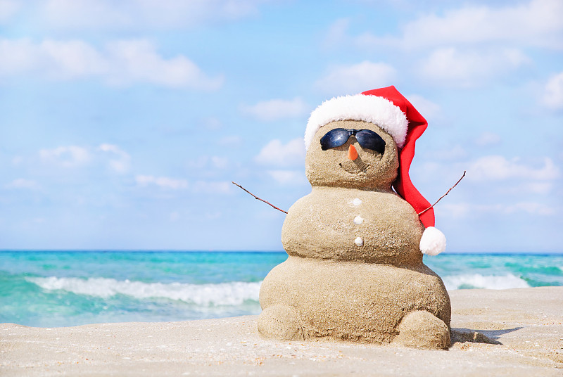 雪人,沙子,圣诞帽,海滩,沙雕,圣诞老人,幽默,水,贺卡