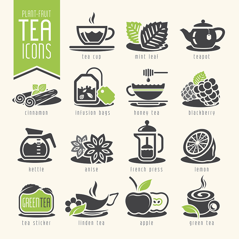 茶树,图标集,无人,绘画插图,符号,热饮,标签,茴芹,茶包,柠檬