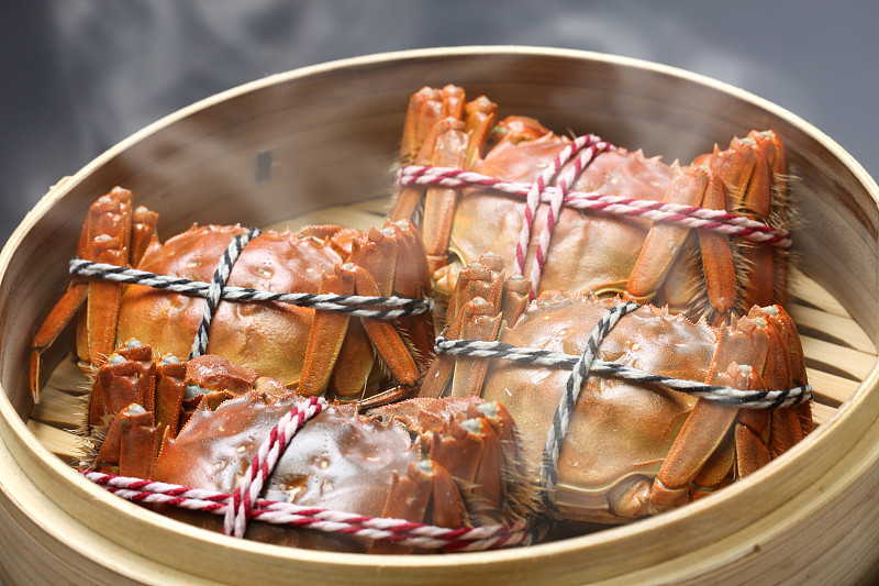 螃蟹,食品,蒸汽,上海,中华绒螯蟹,蒸锅,水平画幅,海产,篮子,线绳