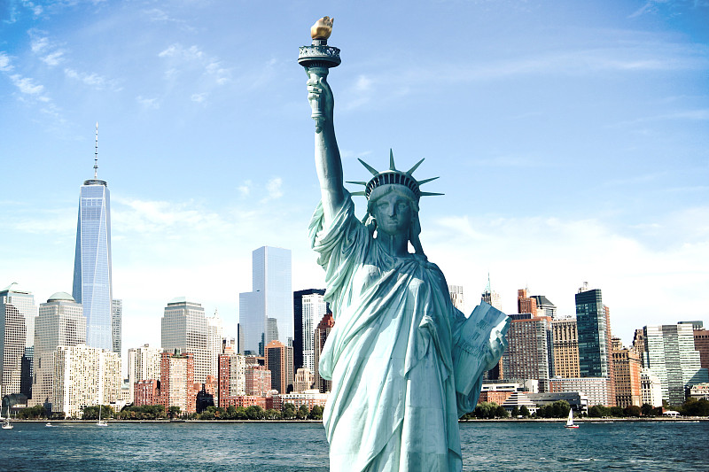 纽约,城市天际线,世贸中心,巴特里公园,自由女神像,纪念碑,水,天空,美国国庆日,夏天