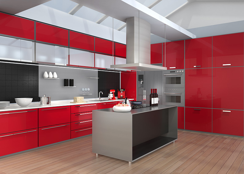 智慧,现代,用具,室内,厨房,红色,彩色图片,壶,食品加工机,冰箱