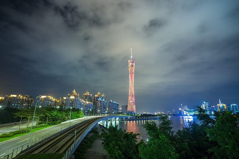 广州,夜晚,塔,广东省,霓虹色,水平画幅,当地著名景点,东亚,户外,现代摄影素材,汇图网www.huitu.com