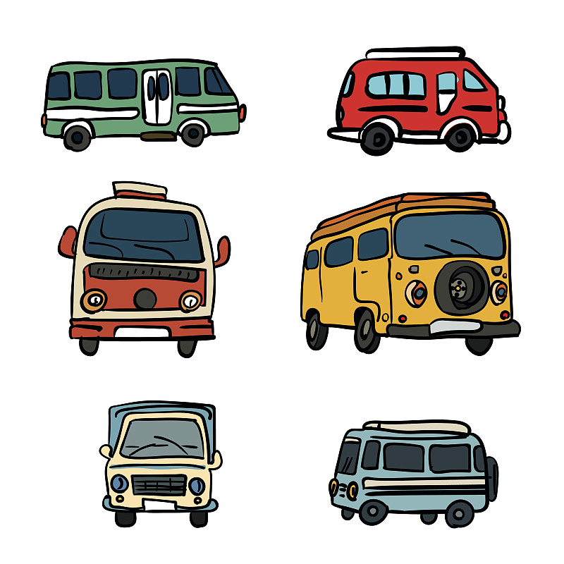 面包车,玩具马车,载人车,玩具卡车,巴士,拖车场,彩色书,正面视角,绘画插图,古老的