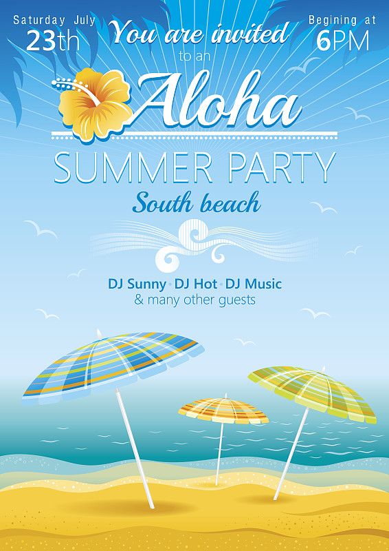 沙滩派对,阿罗哈,夏威夷大岛,海滩遮阳伞,请柬,热带音乐,夏天,迪斯科,留白,绘画插图