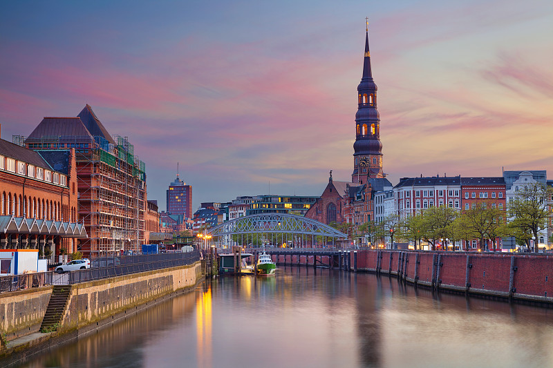 汉堡,外立面,水平画幅,无人,运河,古城,拱桥,曙暮光,户外,都市风景