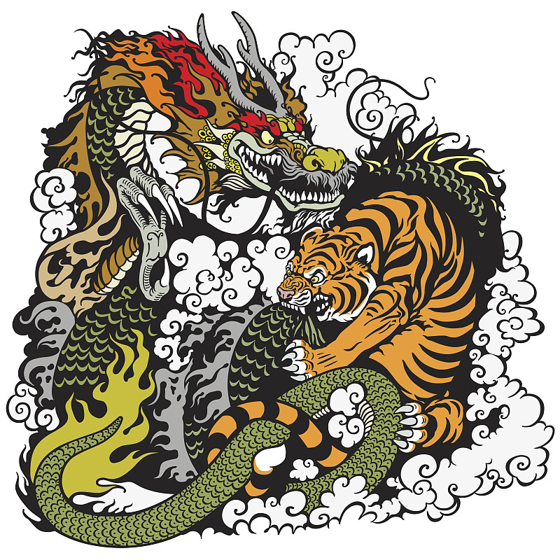 虎,龙,中国龙,阴阳符,风水,生气,自然,绘画插图,超自然,寓言画
