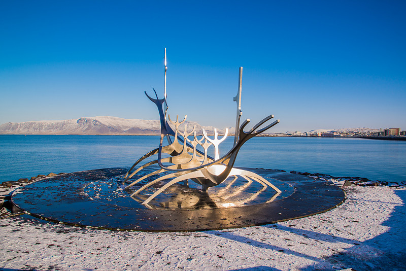 冰岛国,雷克雅未克,水平画幅,雪,蓝色,符号,户外,金属,船,海洋