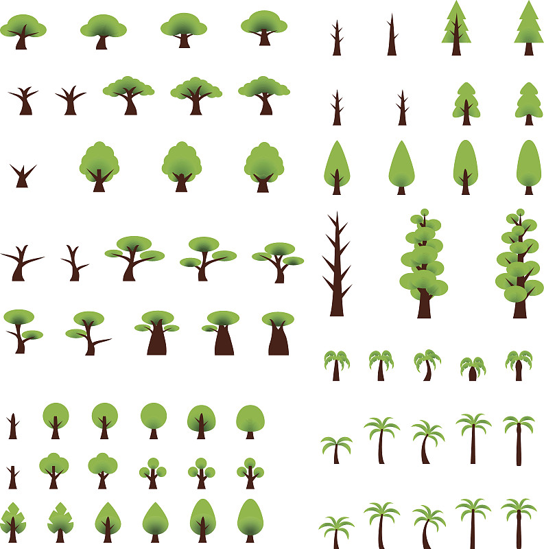 绘画插图,极简构图,多样,扁平化设计,温带林,猴面包树,树木造型,环境,环境保护,枝繁叶茂