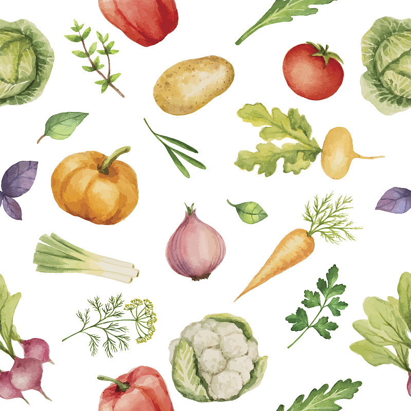 四方连续纹样,蔬菜,水彩画,素食,绘画插图,椒类食物,西红柿,商业厨房,彩色图片,清新