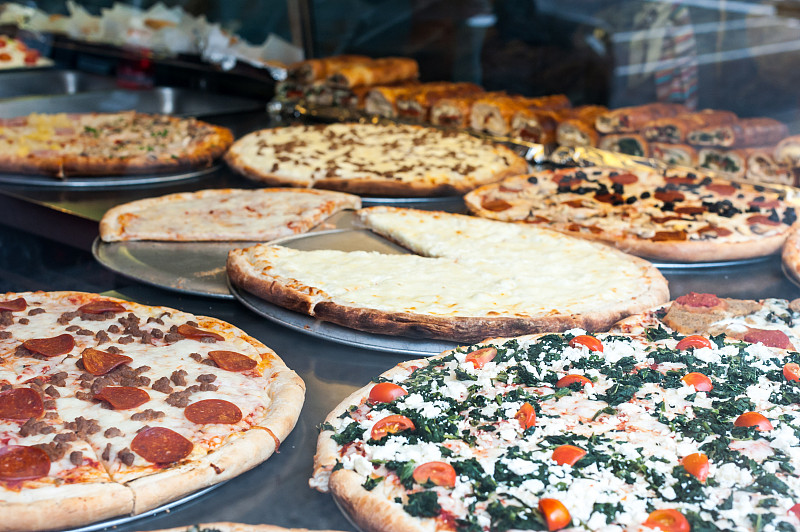 比萨饼,纽约,小意大利,萨鲁美尔利亚,选择对焦,水平画幅,无人,熟食店,奶酪,特写