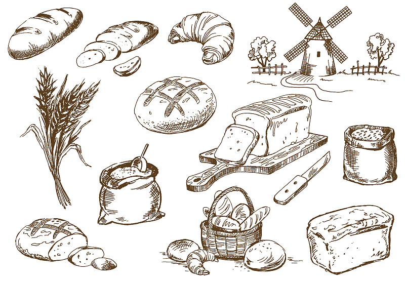 面包,水磨,磨坊,长面包,牛角面包,面包店,铅笔画,草图,面粉,篮子