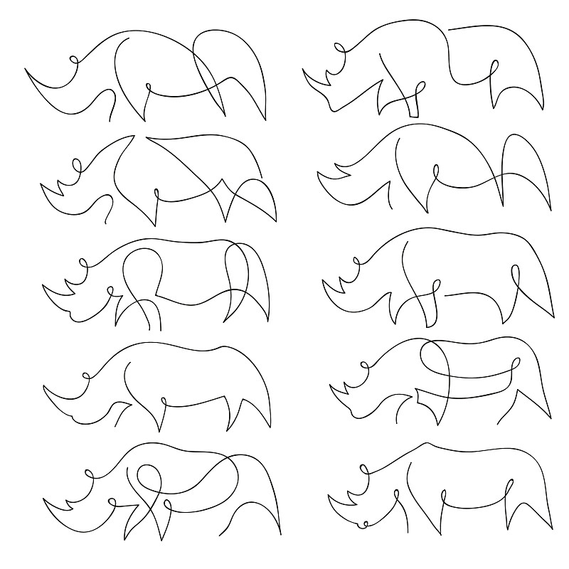 犀牛,线条,绘画插图,矢量,一只动物,动物手,背景分离,美术工艺,野生动物,狩猎动物
