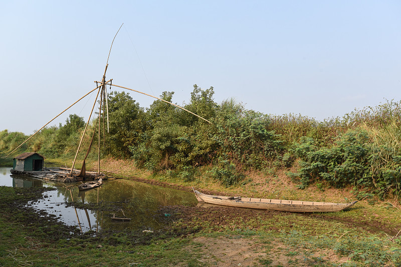 中国渔网,独木舟,船屋,木制,磅湛,鱼网,湄公河,渔网,金属板,水平画幅