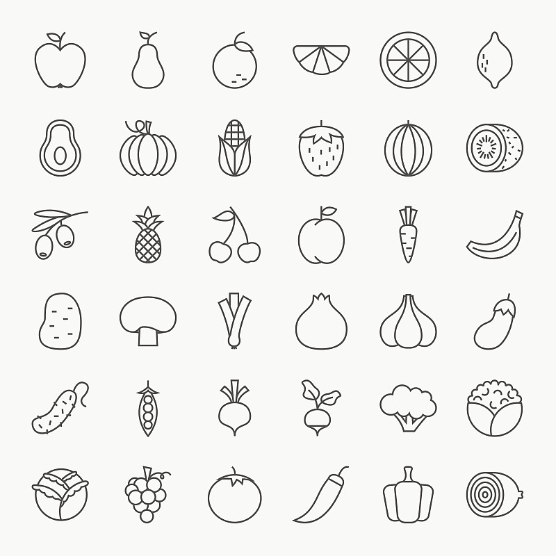 水果,蔬菜,计算机图标,巨大的,线条画,线条,素食,樱桃,椒类食物,绘画插图