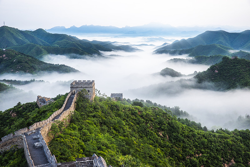 要塞,风景,雾,山,塔,过去,天空,围墙,世界遗产,北京