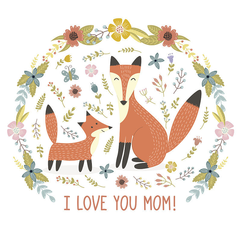 英文字母i,母亲,狐狸,婴儿,贺卡,自然,式样,野生动物,可爱的,绘画插图