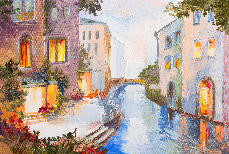 运河,意大利,印象主义,威尼斯,多色的,现代,水,艺术家