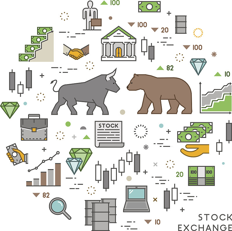 矢量,概念,证券交易所,纽约证券交易所,公牛,基金经理,熊,交易屏,频率,赚钱
