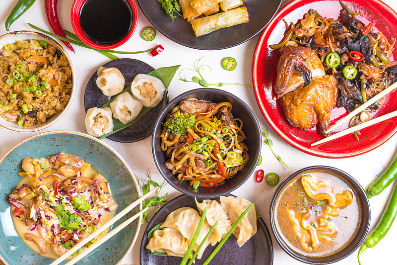 中国食品,背景,空白的,正餐宴会,点心,春卷,炒菜锅,食品,正上方视角,蒸菜