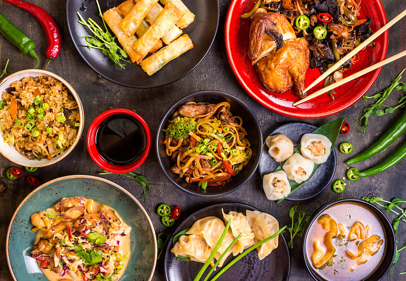 中国食品,背景,空白的,正餐宴会,春卷,炒菜锅,点心,正上方视角,餐具,水平画幅