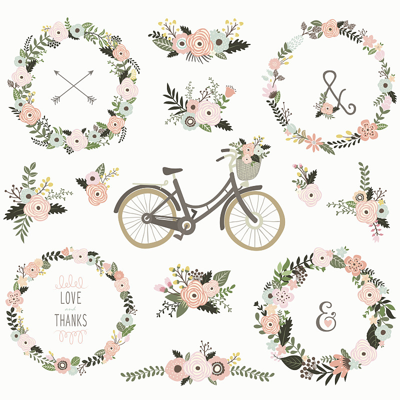 绘画插图,花环,骑自行车,合成图像,美,留白,郁金香,消息,美人