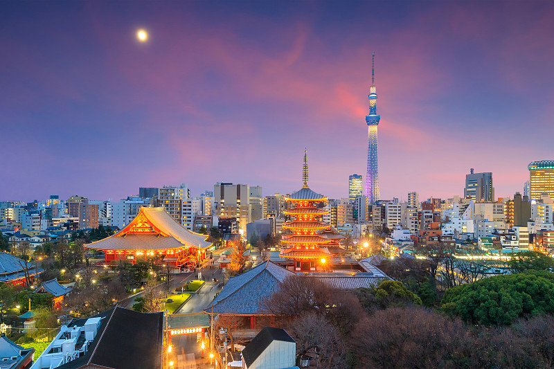 城市天际线,都市风景,东京,旅游目的地,水平画幅,建筑,夜晚,无人,日本,黄昏