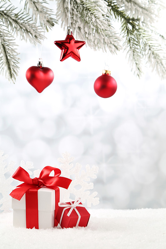 背景,圣诞礼物,银色,圣诞卡,圣诞装饰,悬挂的,礼物,雪,红色