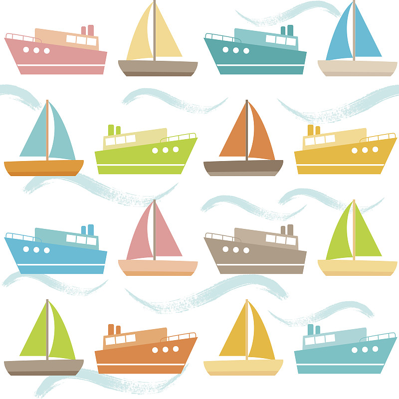 客船,四方连续纹样,波浪,邮轮,帆船,笔触,水,无人,绘画插图,夏天