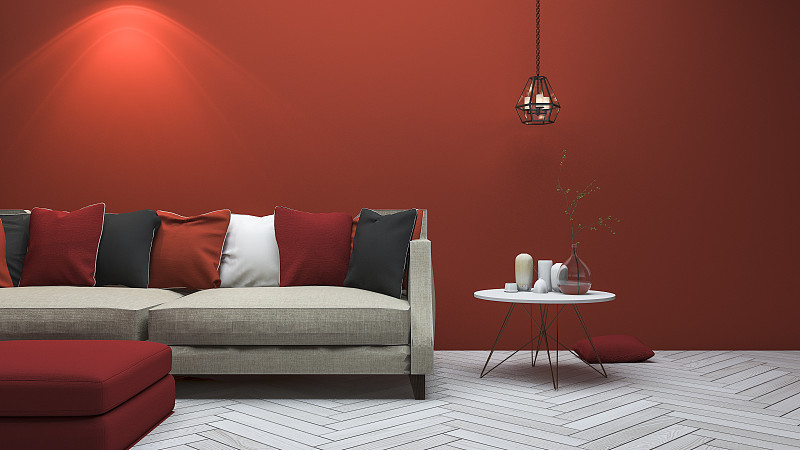 红色,起居室,装饰物,现代,极简构图,三维图形,住宅内部,地毯,墙,沙发