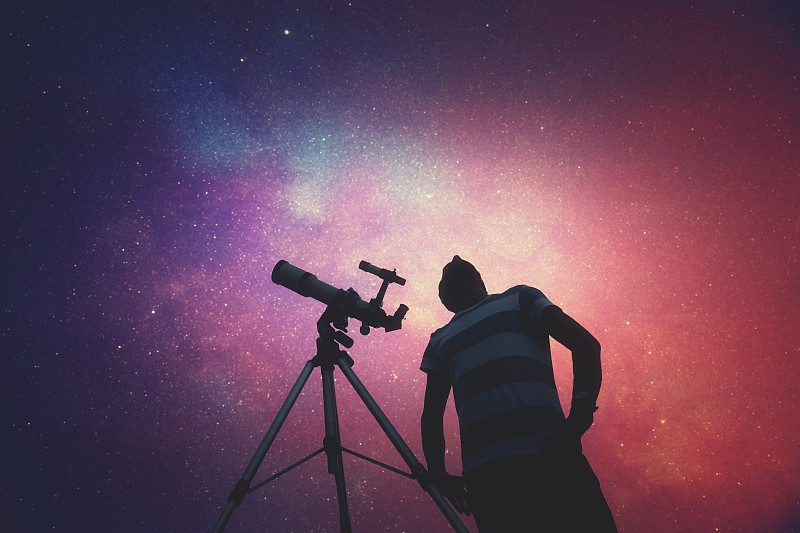 男人,天文学,望远镜,黑颈长脚鹬,天空,星系,水平画幅,夜晚,科学,星云
