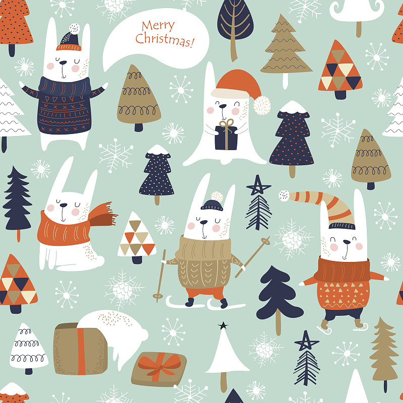 雪,绘画插图,新年,圣诞老人,兔子,圣诞树,四方连续纹样,卡通