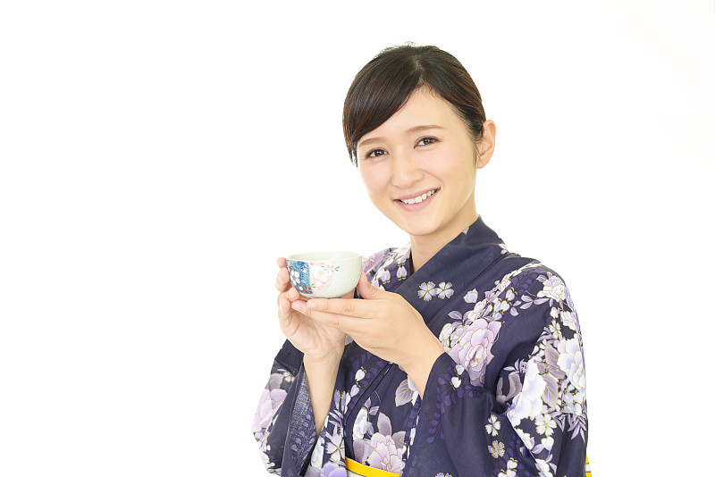 日本人,女人,七夕节,日式茶杯,便装和服,绿茶,和服,留白,半身像,健康