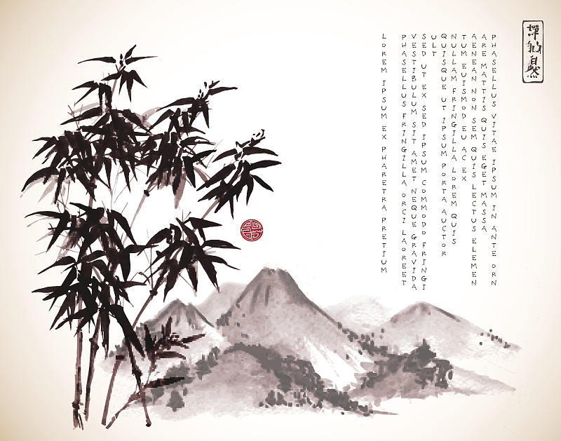 竹,墨水,山脉,动物手,绘画作品,艺术,日本,云景,艺术品,中国