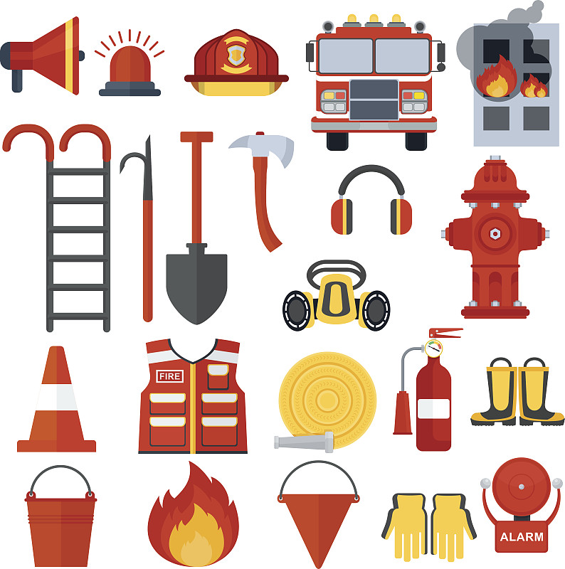 设备用品,火,消防车,灭火水龙带,路锥,火警,消防员,警笛,软管,斧