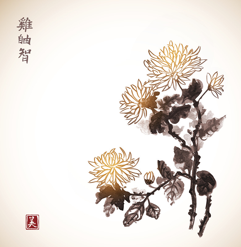 水墨画,烟灰墨,菊花,时尚,东方人,欧元符号,传统,绘画艺术品,艺术,墨水