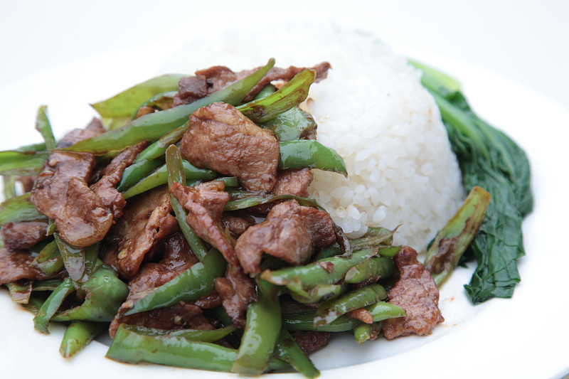 Chili,Pepper,Fried,Pork,(尖椒盐煎肉),on,rice