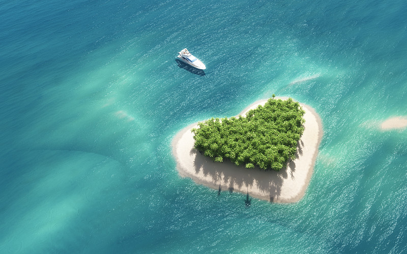 天堂岛,岛,心型,私人飞机,棕榈树,游艇,海洋,抽陀螺,水,沙子