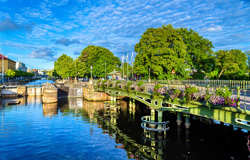 哥德堡,瑞典,运河,横截面,河堤,缆车,水,天空,古老的,仅一朵花