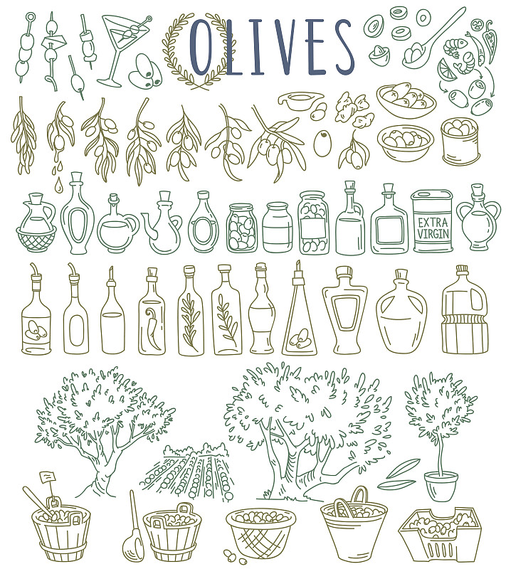 橄榄,橄榄油,橄榄枝,油橄榄树,塞橄榄,地中海美食,优质初榨橄榄油,线条画,瓶子,罐头